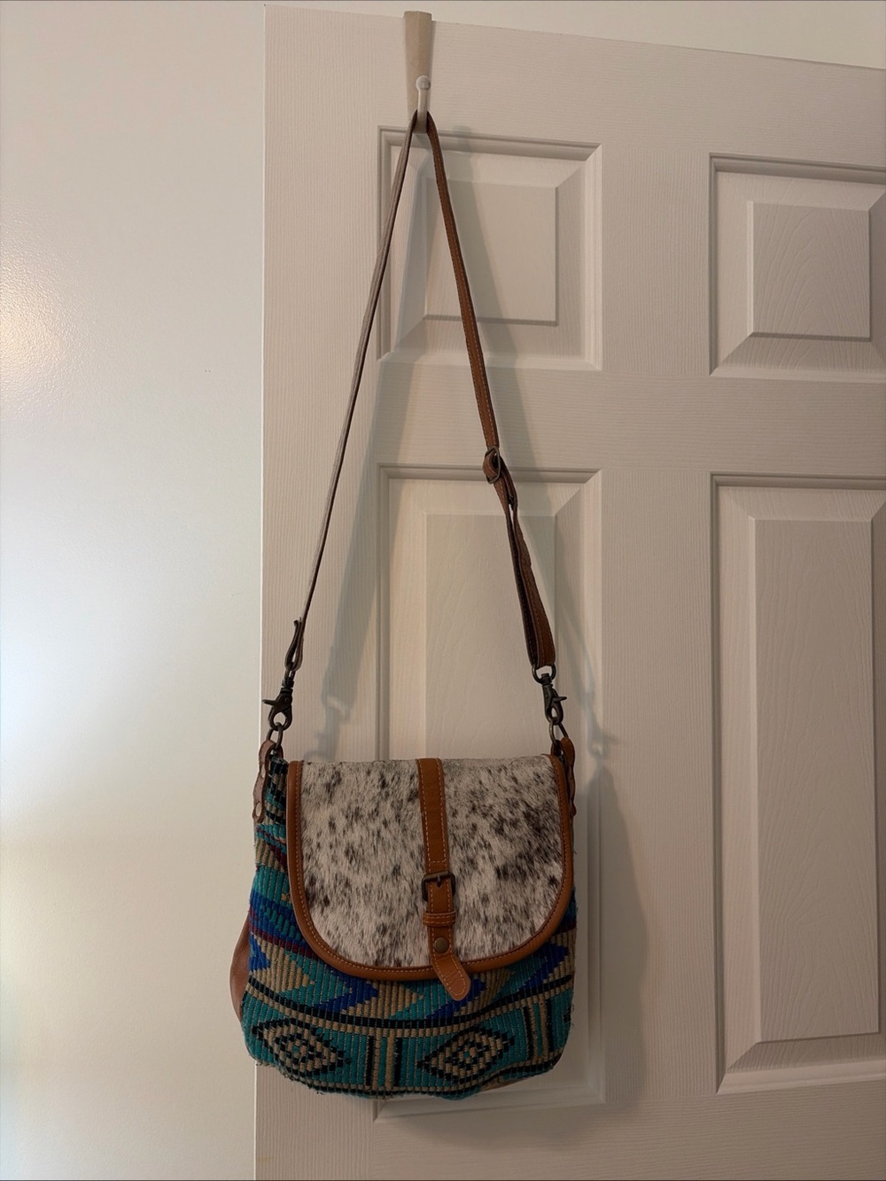 Myra Bag Brown Leather Trim with Black Speckled Cowhide Flap and Teal Pattern